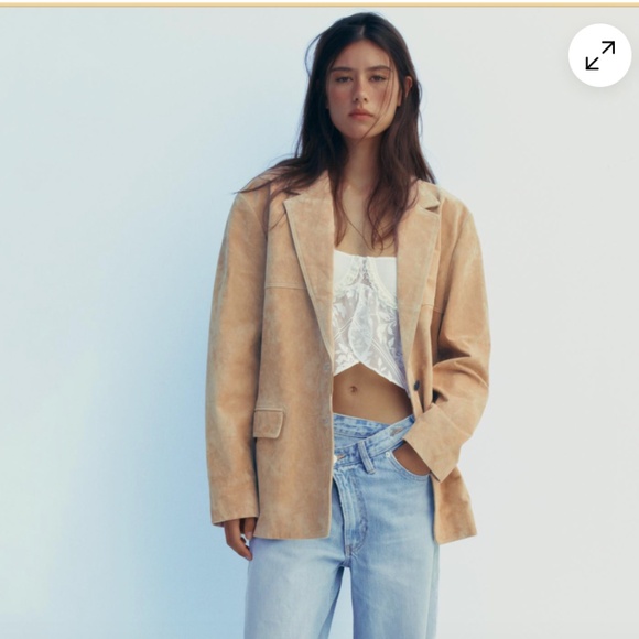 ZARA NEW WOMEN 100% SUEDE BLAZER Beige - Picture 3 of 6